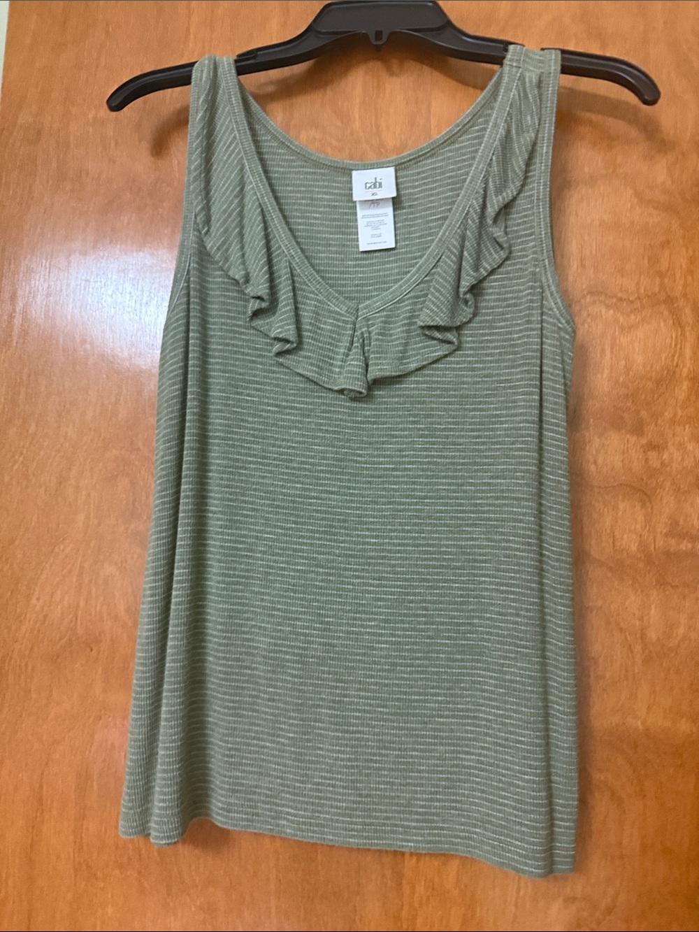 CAbi Olive Green Stripe Ruffle Tank